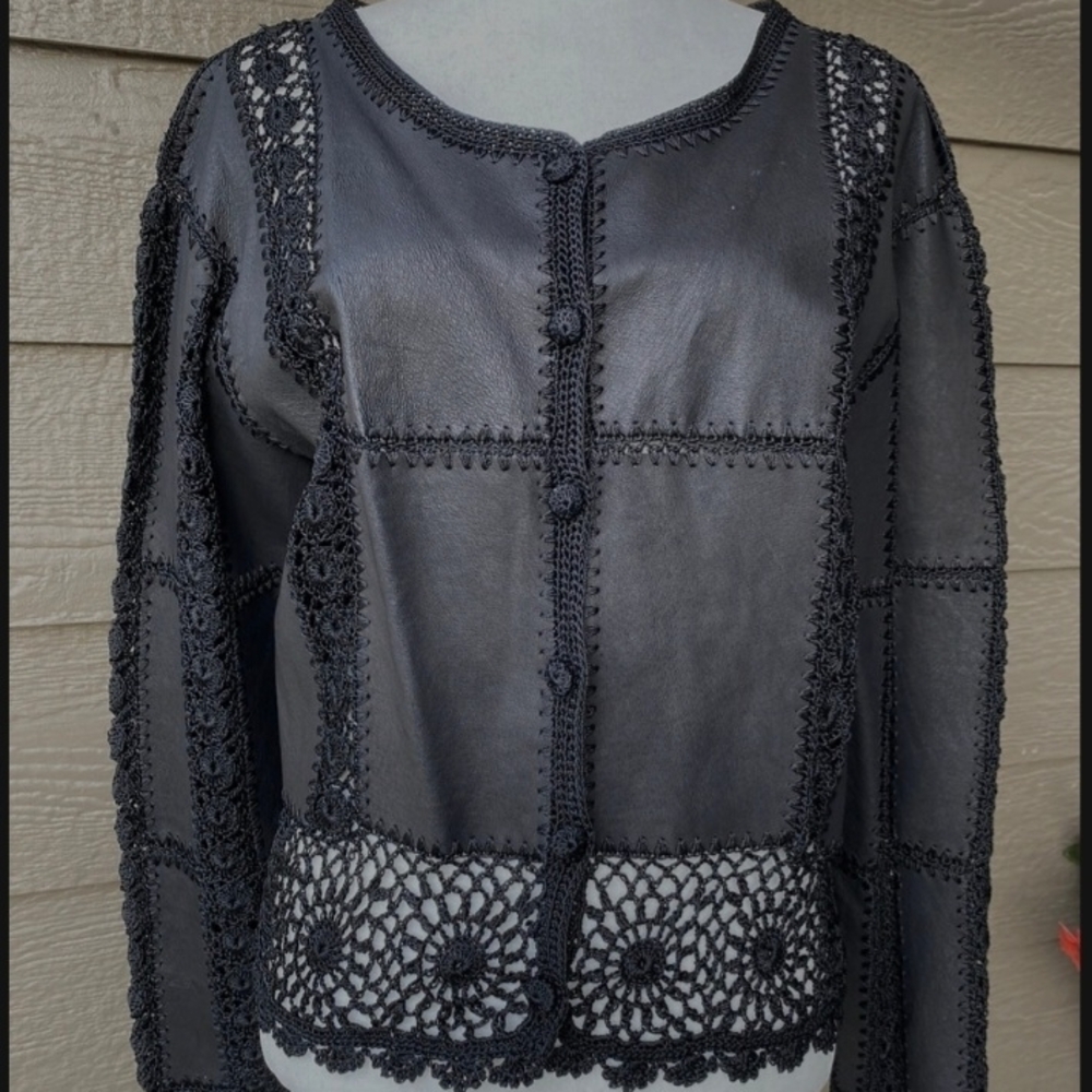 Vintage Black S.M.H Snakeskin Leather & Crochet Cardigan.